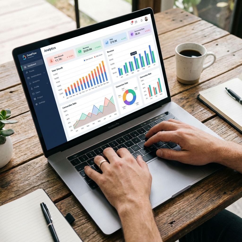 Overhead shot of hands typing on laptop with analytics