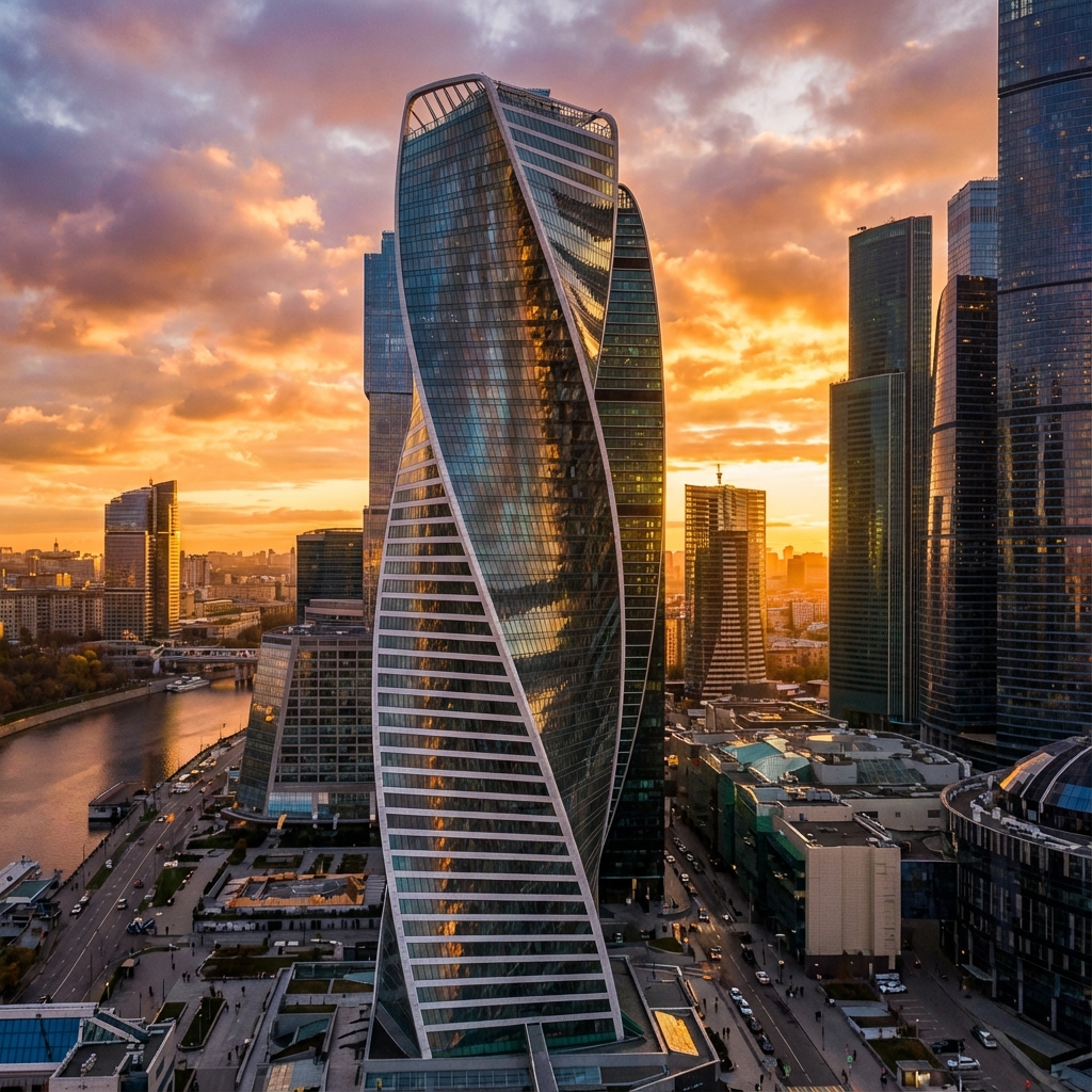Modern glass skyscrapers reflecting golden sunset