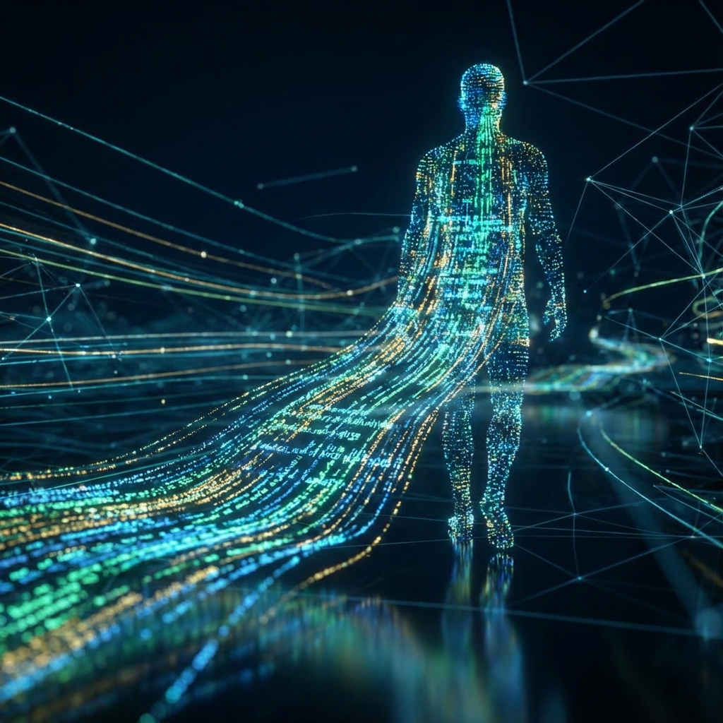 Human silhouette made of flowing data particles