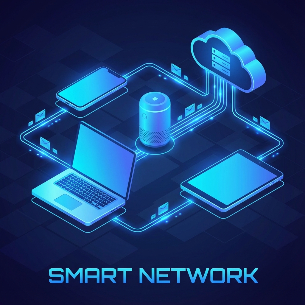 Isometric illustration of connected devices in electric blue gradient