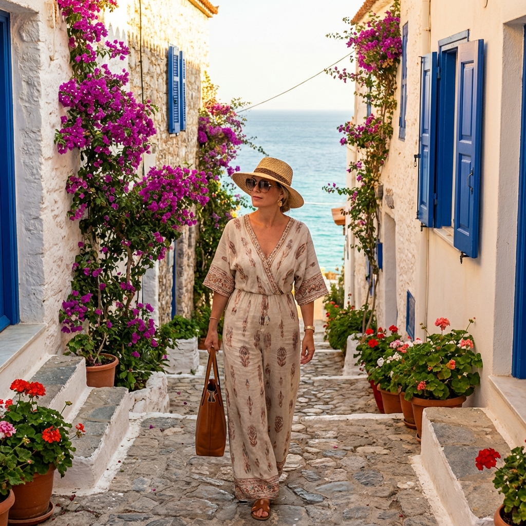 Stylish woman in Mediterranean alley