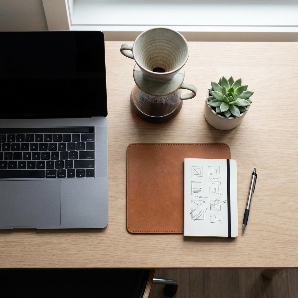 Flat lay photography of a minimalist workspace with a MacBook and coffee