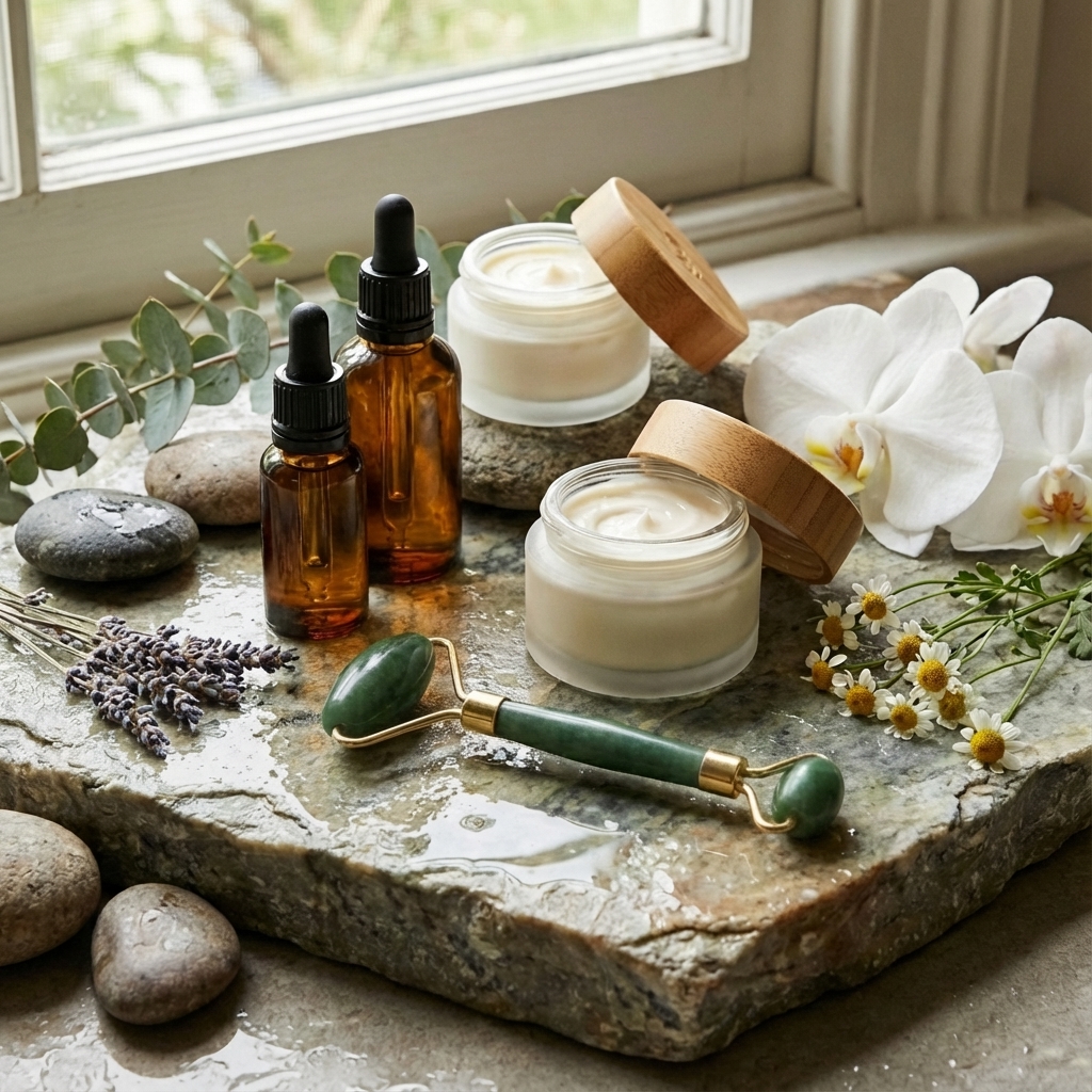 Premium skincare products on stone with botanicals